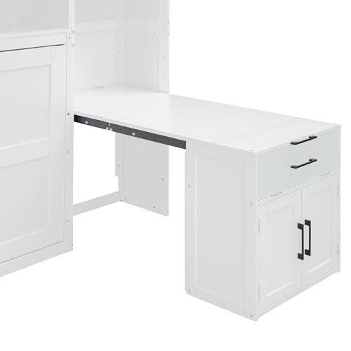 Merax Horizontal Murphy Bed Cabinet Twin Size with Desk & Small Closet & Cabinet with Doors & Open Storage Shelves, Twin Hidden Murphy Wall Bed with Storage for Living Room, White Merax