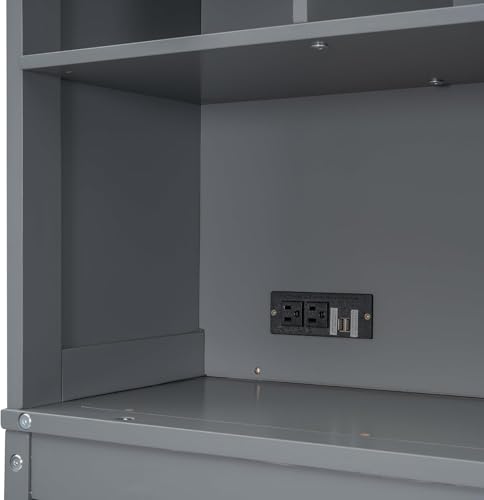Queen Horizontal Murphy Bed Cabinet with Storage Bookcase Shelves and Charging Station,Wood Folding Grey Murphy Wall Bed for Adult (Grey) MERITLINE