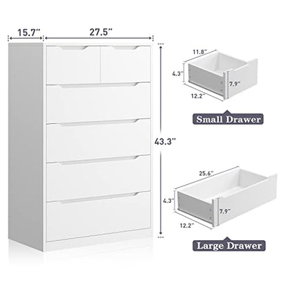 EnHomee Dresser for Bedroom, White Dresser with 6 Wood Large Drawers, Dressers & Chests of Drawers with Large Organizer, Tall Dresser with Smooth Metal Rail, White