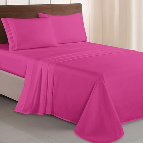 Elegant Comfort Luxurious 1500 Premium Hotel Quality Microfiber Three Line Embroidered Softest 4-Piece Bed Sheet Set, Wrinkle and Fade Resistant, Queen, Hot Pink Elegant Comfort
