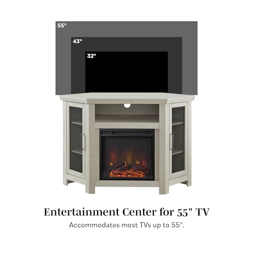 Walker Edison Alcott Classic Glass Door Fireplace Corner TV Stand for TVs up to 55 Inches, 48 Inch, Traditional Brown