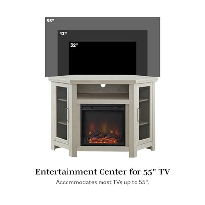 Walker Edison Alcott Classic Glass Door Fireplace Corner TV Stand for TVs up to 55 Inches, 48 Inch, White Oak