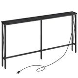 ELYKEN 5.9" Narrow Console Sofa Table with Power Outlets, 5.9" Dx63 Wx31.5 H Long Skinny Behind Couch Table with “X” Cross Metal Frame and Charge Station with 6.5’ Extension Cord, Black ELYKEN