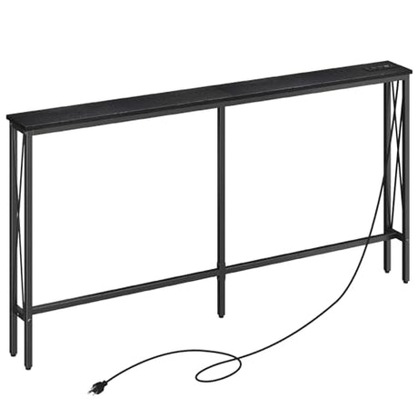 ELYKEN 5.9" Narrow Console Sofa Table with Power Outlets, 5.9" Dx63 Wx31.5 H Long Skinny Behind Couch Table with “X” Cross Metal Frame and Charge Station with 6.5’ Extension Cord, Black ELYKEN