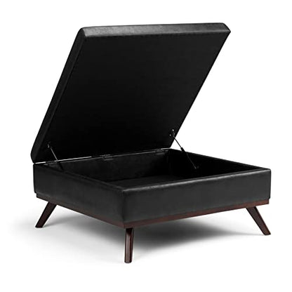 SIMPLIHOME Owen 36 Inch Wide Mid Century Modern Square Coffee Table Lift Top Storage Ottoman in Upholstered Distressed Black Faux Leather, For the Living Room