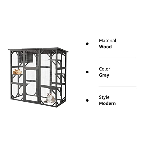 MAGIC UNION Large Fir Wooden Outdoor Indoor Catio Cat Enclosure with Weather Protection Roof with Cattery and 5 Platforms - WoodArtSupply