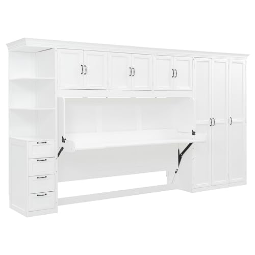 Ball & Cast Twin Size Murphy Bed with Wardrobe and 3 Top Cabinet,Wood Hideaway Wall Beds w/Desk & Storage Drawers,Dual-Piston Metal Folding System Cabinets,can be Folded,for Small Room,White Ball & Cast
