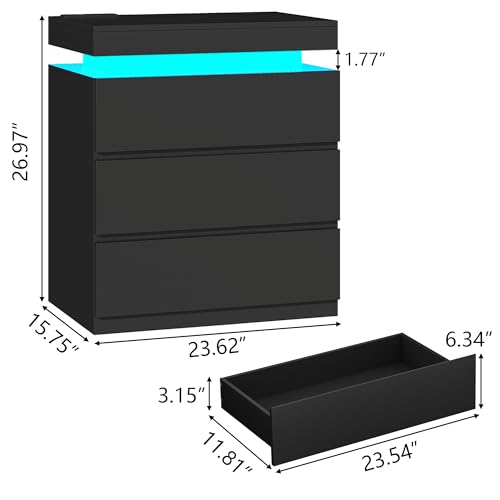 Nightstand with Charging Station and LED Lights, Night Stand with 3 Large Drawers, Bedside Table with Storage, Modern End Side Table, Black Night Stands for Bedroom, Living Room, 23.62" W×26.97" H Gyfimoie