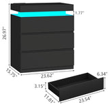 Nightstand with Charging Station and LED Lights, Night Stand with 3 Large Drawers, Bedside Table with Storage, Modern End Side Table, Black Night Stands for Bedroom, Living Room, 23.62" W×26.97" H Gyfimoie