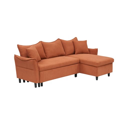 80'' Convertible Sectional Sofa Couch, 3 Seat L Shaped Sleeper Sofa Bed with Pillows and Storage Chaise, Pull Out Couch Bed Modern Corduroy Small Couches Futon for Living Room Apartment (Orange) anwickjeff