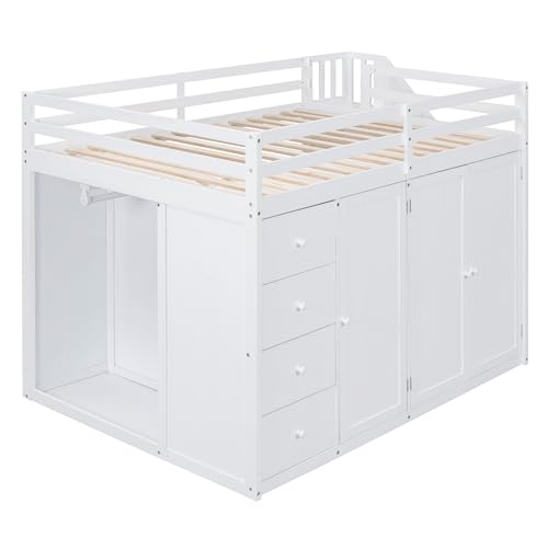 Ball & Cast Full Size Loft Bed with Storage Staircase & Safety Guardrail,Sturdy Wood Bedframe W/ 3 Cabinets & 4 Drawers,Built-in Wardrobes,Space Saving,for Boy Girl Kids Small Bedroom Dormitory,White Ball & Cast