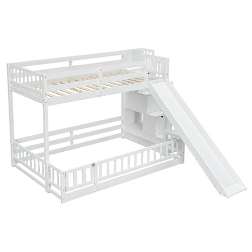 MoproBeti Twin Over Full Bunk Bed with Slide and Storage Stairs, Pine Wood Floor Kids Bunk Beds with Safety Fence Guardrails and Door for Girls Boys, White MoproBeti
