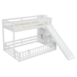 MoproBeti Twin Over Full Bunk Bed with Slide and Storage Stairs, Pine Wood Floor Kids Bunk Beds with Safety Fence Guardrails and Door for Girls Boys, White MoproBeti
