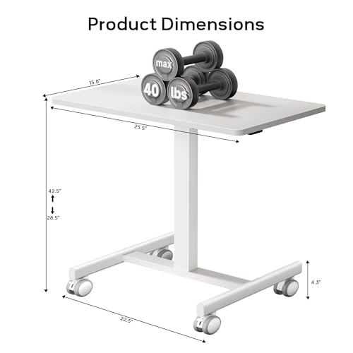 CROWNFURN Mobile Small Standing Rolling Desk Adjustable Height, Portable Laptop Desk on Wheels, Workstation for Home Office with Hook,White CROWNFURN