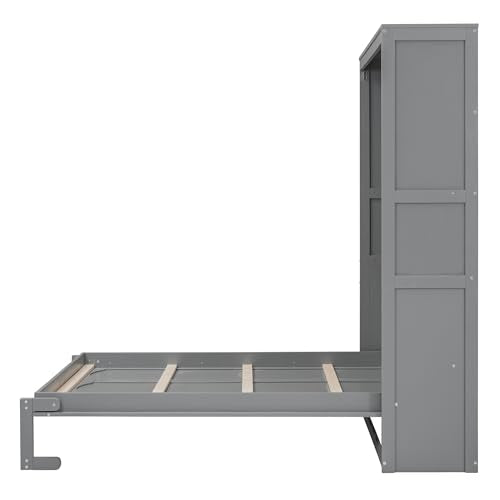 Ball & Cast Full Size Murphy Bed Wall Bed with Shelves and Mattress Holder,Wood Hideaway Cabinet Chest w/Slat Support,can be Folded,for Small Room,Dorms,Gray Ball & Cast