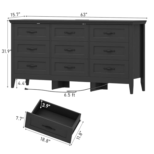 chartustriable Farmhouse 9 Drawers Dresser, Wood Dresser for Bedroom Wide Chest of Drawers, French Country Storage Double Dressers Organizer for Bedroom, Living Room, Nursery(Black) - WoodArtSupply