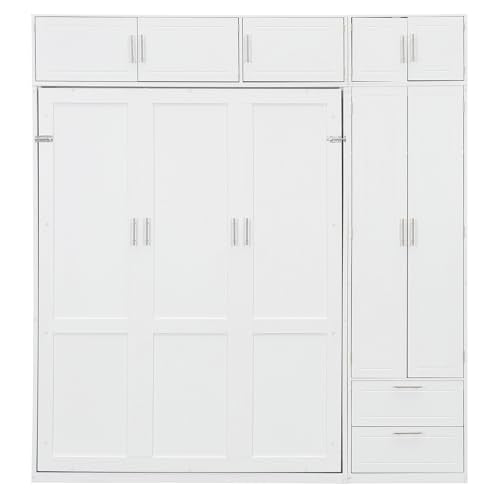 Merax Queen Size Murphy Bed with Top Cabinet, Shelves and Wardrobe, Fold into The Wall, Space-Saving Design, Multifunctional Foldable Platform Bed Frame for Bedroom, Guest Room, Home Office, White Merax