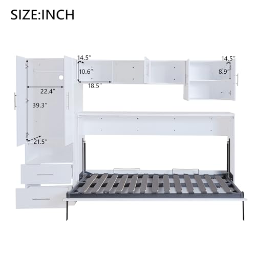 Merax Twin Murphy Bed Cabinet with Storage Wardrobe, Wood Folding Wall Cabinet Bed w/Open Shelves & Drawers, for Guest Room, Home Office, White Merax