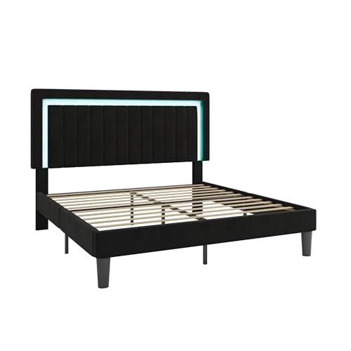 SHA CERLIN King Size Velvet Bed Frame with LED Light, Adjustable Vertical Channel Tufted Headboard, Strong Wooden Slats Support, Noise-Free, No Box Spring Needed, Black SHA CERLIN