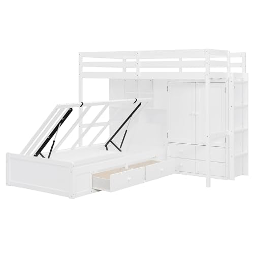 Ball & Cast Twin Size Bunk Bed with Hydraulic Bed & Storage Area,Wood Loft Beds w/Drawers and Wardrobe,Shelves,Space-Saving Bedframe w/Ladder,Full-Length Guardrail,for Apartment,Bedroom,White Ball & Cast
