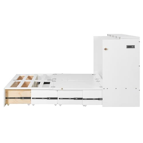 MERITLINE Queen Size Murphy Bed with Storage Drawer Wood Home Office Wall Bed Cabinet with Sockets & USB Ports, Space-Saving for Multipurpose Guest Room White MERITLINE