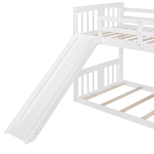 Ball & Cast Bunk Bed Twin Over Twin Beds,with Slide and Ladder,Wood Low Floor Bedframe w/Full-Length Guardrail & Space Saving,No Box Spring Needed,Bedroom Furniture for Student Dorms,White Ball & Cast