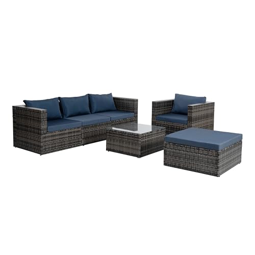 EMKK Patio Furniture Sets, 6 Piece Outdoor Wicker Rattan Sectional Sofa with Tempered Glass Coffee Table, Couch, Loveseat, Chairs with Cushions Conversation Garden, 1-Dark Gray EMKK
