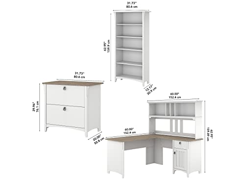 Bush Business Furniture Salinas 60W L-Shaped Desk Set with Hutch, File Cabinet, and Bookcase in Shiplap Gray and Pure White Bush Business Furniture