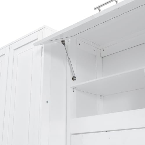 Merax Queen Murphy Bed with Tall 90.6" Closet Wardrobe & Shelves & Drawers, All-in-One Multi-Storage Side Flip Wood MDF Murphy Cabinet Bed Desk, Open/Close Hydraulically (White) Merax