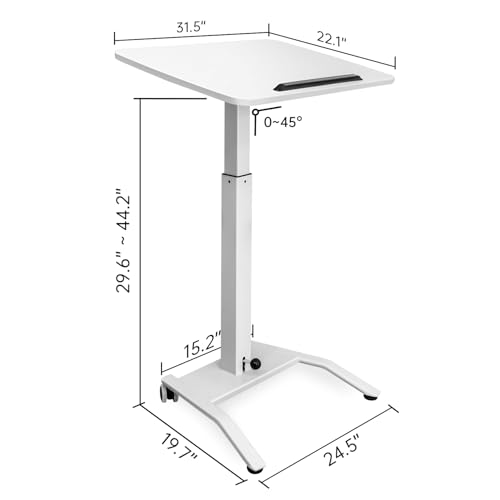 JSJCCTESK Mobile Standing Desk with 45° Tilting Desktop, Portable Rolling Standing, Height Adjustable Sit Stand Foldable with Wheels, Mobile Desk Workstation for Home Office (White, Large) JSJCCTESK