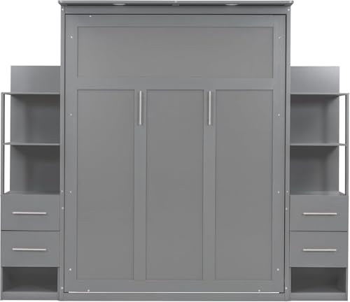 Queen Murphy Bed with Storage Drawers,LED Lights and Shelves,Wood Murphy Wall Bed Cabinet for Adults (Grey) MERITLINE