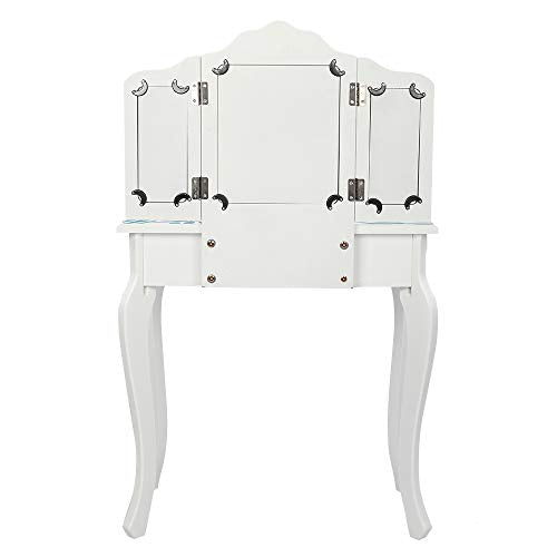 Ynredee Kids Vanity Set,Vanity Table and Chair with Three-Fold Mirror,Single-Drawing Curved Foot Children Dressing Table with Drawer (Blue and White) Ynredee