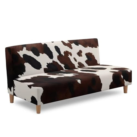 GLENLCWE Cow Print Futon Cover Brown Stretch Armless Sofa Cover with Elastic Bottom Fitted Sofa Bed Slipcovers for Living Room Anti Slip RV Couch Protector Couch Slipcover GLENLCWE
