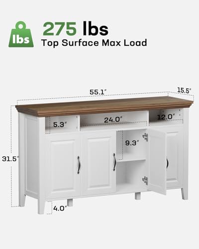 Amada Buffet Cabinet with Storage, 55" Large Sideboard Storage Cabinet with Adjustable Shelves, 4 Doors, Modern Farmhouse Coffee Bar Cabinet AMADA HOMEFURNISHING