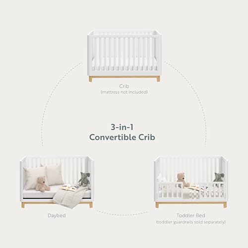 Storkcraft Santos 3-in-1 Convertible Crib (White with Natural) – GREENGUARD Gold Certified, Fits Standard Crib Mattress, Converts to Toddler Bed, - WoodArtSupply