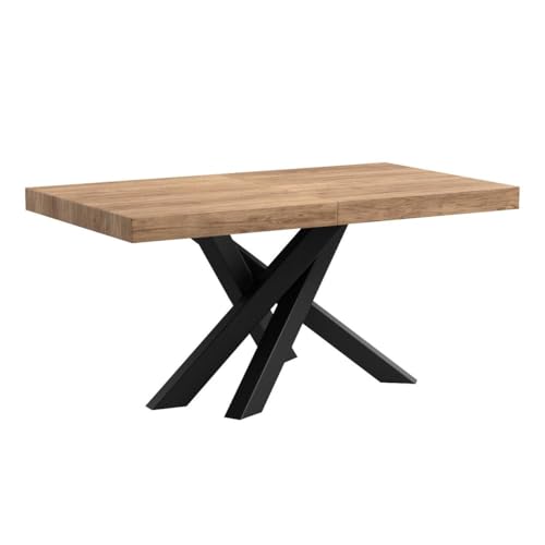 Mobili Fiver, Emma 160 Extendable Dining Table, Rustic Oak with Black Crossed Legs, Laminate-Finished/Iron, Made in Italy - WoodArtSupply