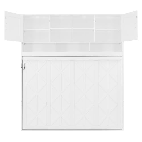 Merax Queen Size Murphy Bed with Top Cabinets and Shelves, Fold into The Wall, Space-Saving Design, Multifunctional Foldable Platform Bed Frame for Bedroom, Guest Room, Home Office, White Merax