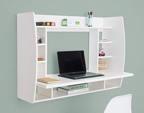 Versatile Wall Mount Floating Computer Desk - Stylish and Space-Saving Writing Study Table with Shelves - Ideal for Living Room, Bedroom, and Home Office, White - WoodArtSupply