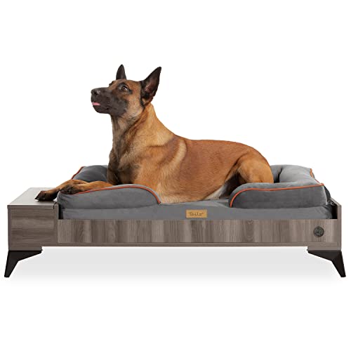 TailZzz Wooden Dog Bed with Mattress, Large to Extra Large Water-Resistant Elevated Pet Bed, Wooden Pet Bed with Storage, Greenguard Gold Certified, Machine Washable, Smokey Grey, Wyatt TailZzz