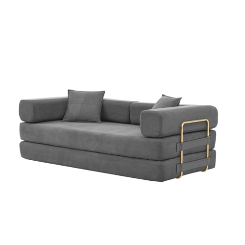 4-in-1 Folding Convertible Sofa Bed, 78 Inch Boneless Couch with Fixed-Shape Frame, Corduroy Loveseat Sleeper with Pull Out Bed, Floor Sofa Modular Futon Couch for Living Room Bedroom Lounge (Grey) ivoros