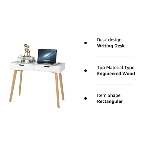 FOTOSOK White Computer Writing Desk with 2 Drawers, Small Desk Makeup Vanity Table Wood Desk with 4 Oak Legs, Modern Home Office Desk Console Study - WoodArtSupply