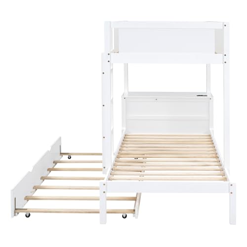 Ball & Cast Twin-Over-Twin Bunk Bed with Twin Size Trundle,Solid Wood Bedframe W/Desk & Drawers,USB,Space Saving,Easy Assembly,Multifunctional Bedroom Furniture Set for Boys Girls Teens,White Ball & Cast