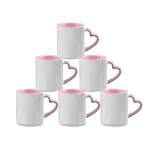 MR.R Sublimation Blank Dishwasher Ceramic Mug,Blank Coated Cup,Sublimation Blank Mugs,Classic Cup with Pink Color Inner Mug and Heart Handle,11oz,Set of 6 pcs per Carton MR.R