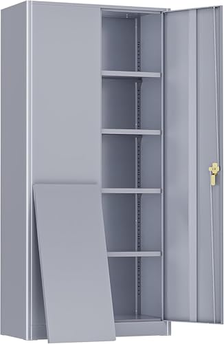 SUNCROWN Metal Storage Cabinets, 72”Locking Cabinet with 2 Doors and 4 Adjustable Shelves, Steel Utility Tool Garage Cabinets,Tall Metal Lockable File Cabinet for Office,Home, Gym, School, Grey SUNCROWN