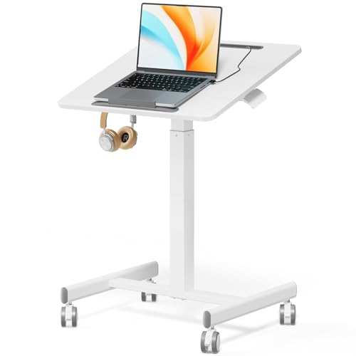 JOY worker Mobile Standing Desk, 23.6" x 20.5" Small Rolling Laptop Cart with 90° Tiltable Desktop, Portable Height Adjustable Sit-Stand Computer Desk on Wheels for Home Office, White JOY worker