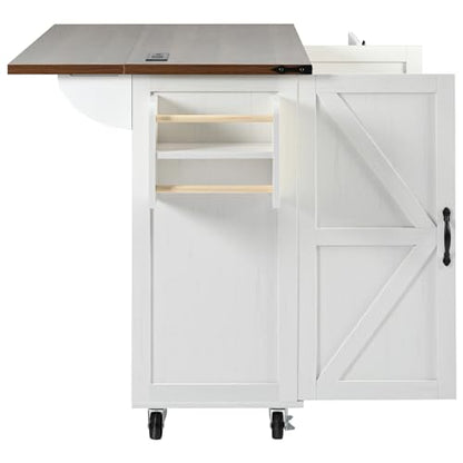 YOPTO Farmhouse Kitchen Island with Power Outlet,Kitchen Storage Island W/Internal Storage Rack,Drop Leaf,Spice Rack,Rolling Kitchen Cart on Wheels for Home,Kitchen and Dining Room,White,54.5"