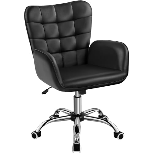 Yaheetech Modern Faux Leather Office Chair Ergonomic Adjustable Computer Chair with Wide Seat, Padded Armrests for Study, Bedroom Black Yaheetech