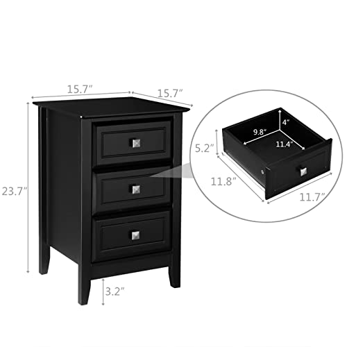 Bonnlo Upgraded 3 Drawers Night Stands for Bedrooms Set of 2, Wooden Black Nightstand Stylish, Modern Bed Side Table/Night Stand for Small Spaces, College Dorm, Kids’ Room, Living Room, 24H Bonnlo