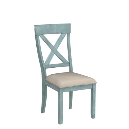 Roundhill Furniture Prato Two-Tone Wood Cross Back Upholstered Dining Chairs, Set of 2, Blue and Tan Roundhill Furniture