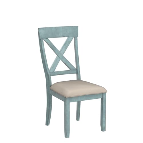 Roundhill Furniture Prato Two-Tone Wood Cross Back Upholstered Dining Chairs, Set of 2, Blue and Tan - WoodArtSupply